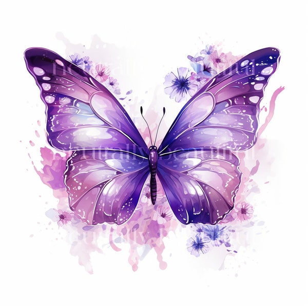 Pretty Purple Watercolour Butterfly Downloadable Clipart - 12 JPGs - Downloadable Printable Flowers Digital Art Pack, Card Making, Craft