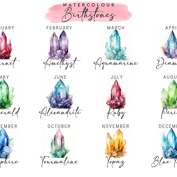 Watercolour Birthstone Crystals Downloadable Clipart - 10 JPGs - Downloadable Printable Digital Art Pack, Card Making, Digital Prints, Craft