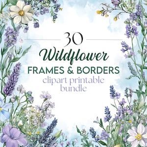 Lot de 30 images de fleurs sauvages violettes, ÉNORME Bundle de cliparts - JPG de haute qualité - Invitation décorative aquarelle/bordures de papier paquet d'art numérique