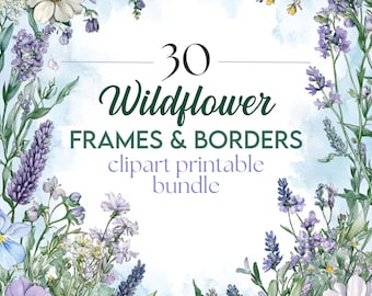 30 x Purple Wildflower Frames HUGE Clipart Bundle - High Quality JPGs - Watercolor Decorative Invitation/Paper Borders Digital Art Pack