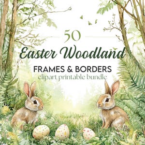50 cliparts téléchargeables sur le thème des bois de Pâques - Invitation décorative aquarelle/papier cadre bordure paquet d'art numérique