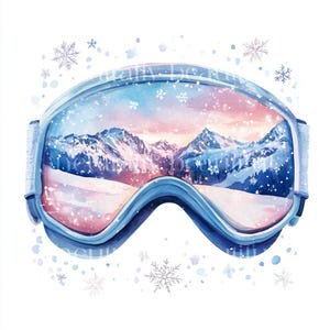 Könnte beinhalten: Blaue Skibrille mit einem schneebedeckten Bergpanorama, das sich in den Gläsern spiegelt. Die Brille ist von weißen Schneeflocken auf weißem Hintergrund umgeben.