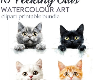 16 x Peeking Cats Clipart Bundle - High Quality JPGs - Watercolour Printable Digital Download Art - Kitten/Cats Peeping, Junk Journal