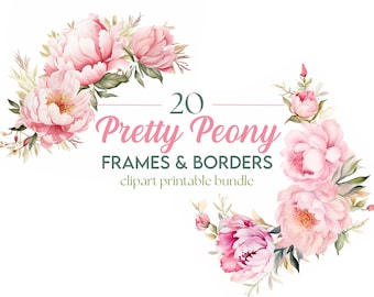 20 x Peonies Floral Borders & Edges Downloadable Clipart - Peony Floral Frame Watercolour Decorative Digital Art Pack, Card Making, Craft