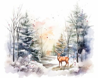 Snowy Winter Woodland Scenes - 12 High Quality Downloadable JPGs - Christmas Printable Digital Art, Crafts, Cardmaking, Prints