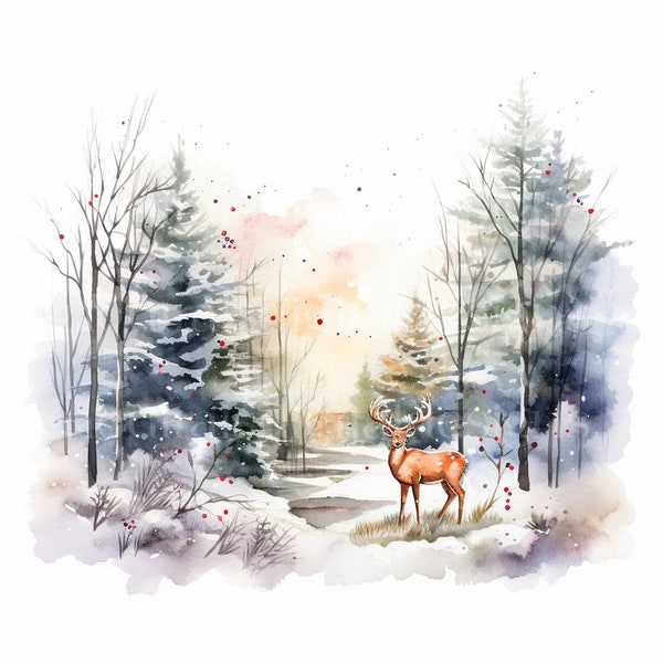 Snowy Winter Woodland Scenes - 12 High Quality Downloadable JPGs - Christmas Printable Digital Art, Crafts, Cardmaking, Prints