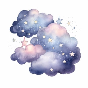 Op de afbeelding: Waterverf schilderij van drie pluche wolken met een sterrenhemel. De wolken zijn in tinten blauw en roze met witte sterren verspreid.