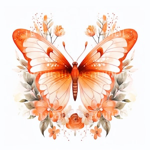 Pretty Orange Watercolour Butterfly Downloadable Clipart - 12 JPGs - Downloadable Printable Flowers Digital Art Pack, Card Making, Craft