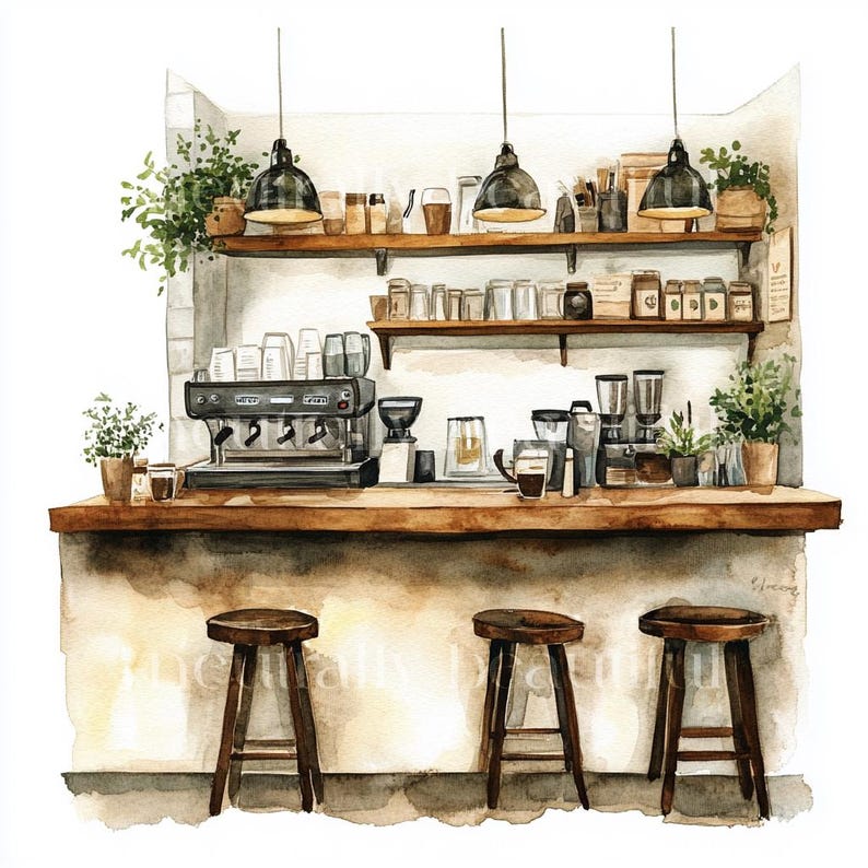 May include: A watercolor painting of a coffee shop counter with a coffee machine, shelves stocked with coffee supplies, and three wooden stools. The counter is made of wood and has a light brown finish. The walls are painted white and have a rustic texture. The coffee machine is black and has a silver trim. The shelves are made of wood and have a dark brown finish. The stools are made of wood and have a dark brown finish.