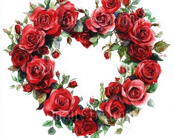 10 x Red Rose Heart Wreaths Valentine's Clipart Bundle - High Quality JPGs - Romantic Printable Digital Download Art, Cards Cardmaking