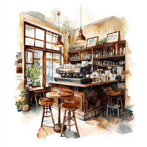 May include: Watercolor painting of a cafe interior with a coffee bar, espresso machine, and tables with chairs. The cafe has a rustic wooden counter and shelves with bottles and jars. The walls are painted a light beige color.