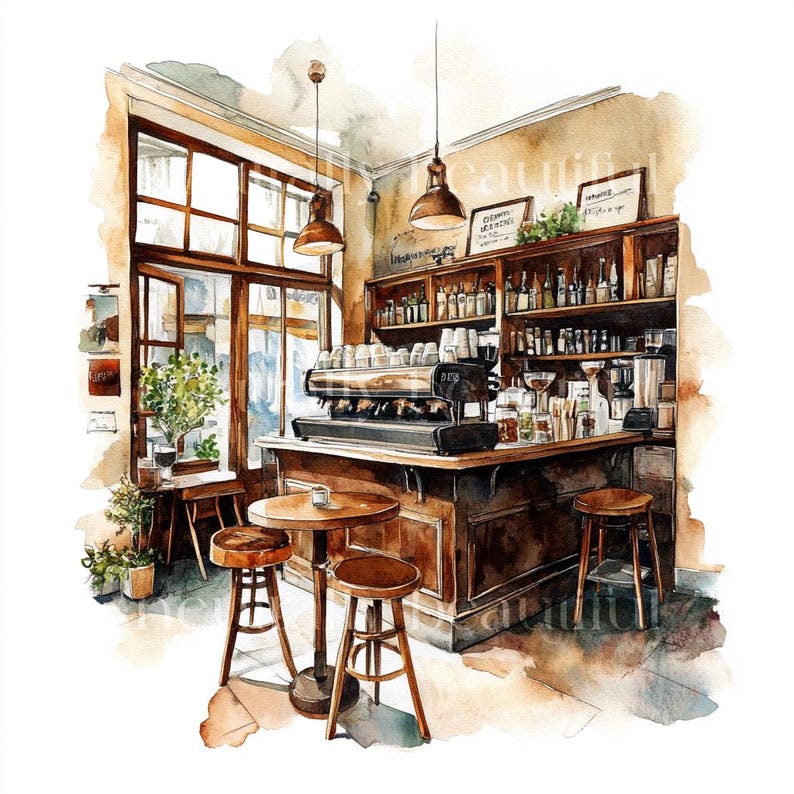 May include: Watercolor painting of a cafe interior with a coffee bar, espresso machine, and tables with chairs. The cafe has a rustic wooden counter and shelves with bottles and jars. The walls are painted a light beige color.