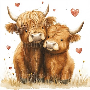 10 x Highland Cows & Hearts Clipart Bundle - High Quality JPGs - Romantic Valentine's Farm Animal Couples Printable Download Art, Cardmaking
