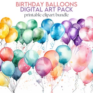 Könnte beinhalten: Ein digitales Kunstpaket mit Aquarell-Geburtstagsballons in verschiedenen Farben, darunter Gelb, Grün, Blau, Lila, Rosa und Rot. Die Ballons sind in einer Traube angeordnet und haben ein verspieltes, festliches Gefühl. Der Text "Birthday Balloons Digital Art Pack Printable clipart bundle" befindet sich oben im Bild.