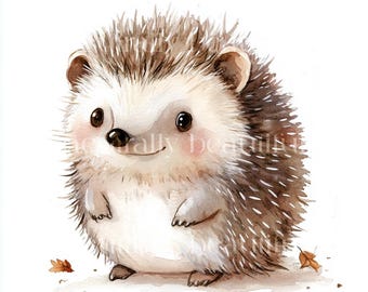 May include: A watercolor painting of a cute brown and white hedgehog with a smiling face. The hedgehog is standing on a white background with brown leaves scattered around it.