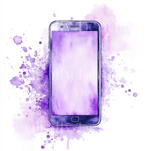 Puede incluir: Una ilustración de acuarela de un teléfono inteligente con un fondo morado. El fondo está hecho de salpicaduras de acuarela moradas.