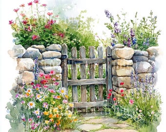 May include: A rustic wooden gate with a stone wall on either side. The gate is open and leads to a path lined with colorful flowers. The flowers are in shades of pink, purple, white, and yellow.