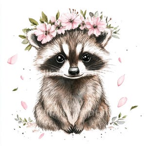 10 x Cute Raccoons with Flower Crowns Clipart Bundle - High Quality JPG Digital Printable Downloads - Baby Racoon Spring Flowers Cardmaking