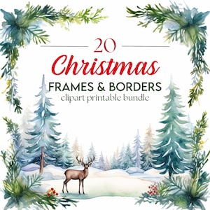 20 x Christmas Themed Borders & Edges Downloadable Clipart - Festive Watercolour Decorative Christmas Card/Paper Frame Border