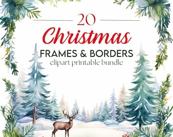 20 x Christmas Themed Borders & Edges Downloadable Clipart - Festive Watercolour Decorative Christmas Card/Paper Frame Border