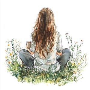 Paquete de 10 imágenes prediseñadas de chicas de primavera: archivos JPG de alta calidad: niña y taza de té, diario, álbum de recortes, arte digital imprimible para descargar, diario basura