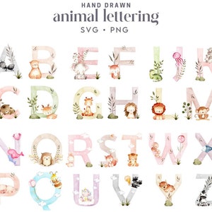 Lindo paquete de alfabeto de animales SVG: paquete descargable de archivos PNG + Svg: imágenes prediseñadas digitales imprimibles de letras para guardería, manualidades, fabricación de tarjetas, impresiones