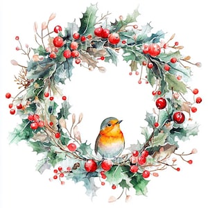 10 x Christmas Wreaths With Robins Clipart Bundle - High Quality JPGs Festive Prints, Holidays Digital Download Art, Christmas Cards
