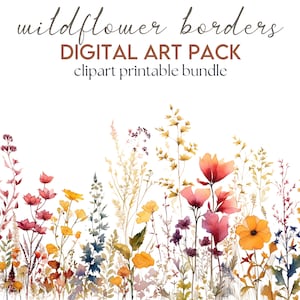 25 x Beautiful Wildflower Meadow Borders - Floral Frame Watercolour Clipart, Decorative Digital Art Pack, Card Making, Crafts, Journals