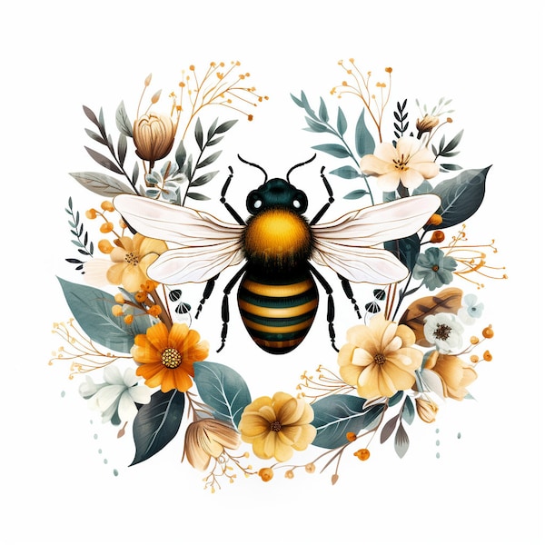 10 x Vector-Style Floral Bee Digital Elements - High Quality JPG Downloads - Posters/Wall Prints, Bumble Bee Printable Digital Art