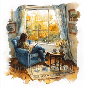 10 x gemütliches Fenster Lesen, Clipart Bundle - Hochwertige JPGs - Bücherwurm, Bücherwurm Geschenke, Lesen druckbare digitale Download Kunst, Junk Journal