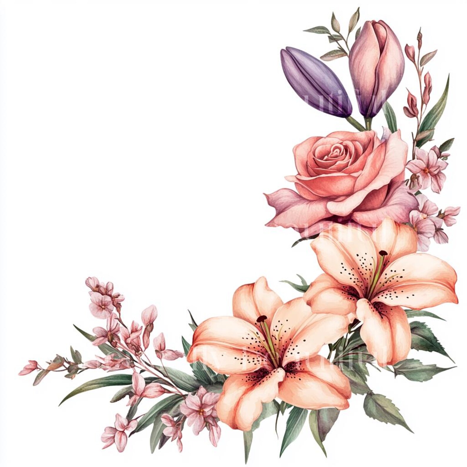 20 X Lily & Rose Corners/edges Downloadable Clipart - Watercolour ...