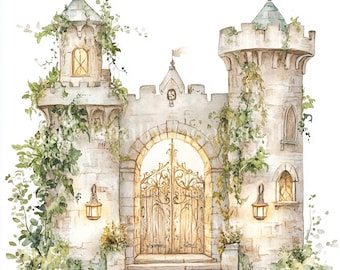 Puede incluir: Una pintura de acuarela de una puerta de castillo de piedra con una gran puerta de madera y una puerta de hierro forjado. El castillo está cubierto de enredaderas y tiene dos torres con ventanas. Hay linternas a cada lado de la puerta.