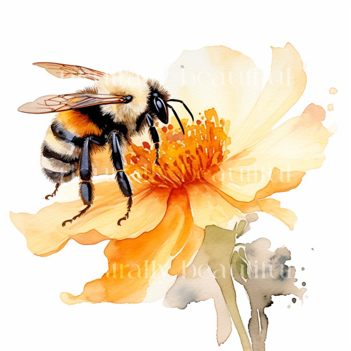 10 Watercolour Bee Clipart - Bees on Flowers, High Quality JPG ...