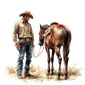10 x Cowboys & Horses Clipart Bundle - JPG di alta qualità - Ritratto di cowboy occidentale stampabile Download digitale Arte, Journaling, Junk Journal
