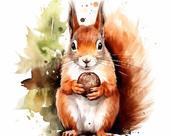 Red Squirrels Watercolour Clipart - 10 High Quality Downloadable JPGs - Woodland Animal Printable Digital Art, Crafts, Cardmaking, Prints