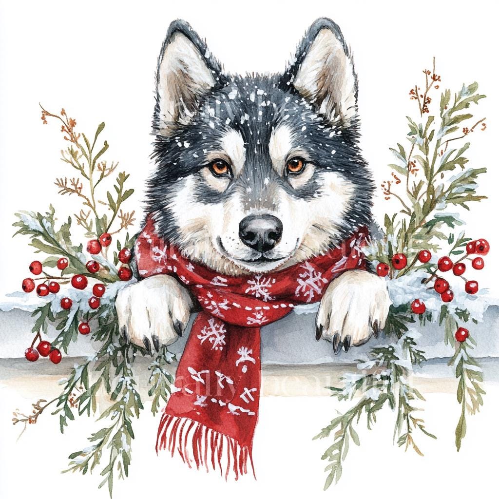 12 x Husky Dogs at Christmas Clipart Bundle - High Quality JPGs Festive Huskies Prints, Holidays Digital Download Art, Christmas Cards