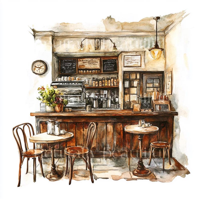 May include: A watercolor painting of a cafe interior with a wooden counter, two tables with chairs, and a coffee machine. The cafe has a rustic and vintage feel.