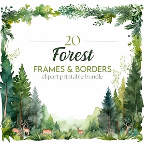 20 x Wald-Themen-Ränder und -Kanten herunterladbare Clipart - Aquarell dekorative Einladung / Papierrahmen-Grenze Digital Art Pack