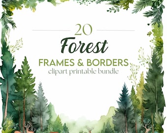 20 x Forest Themed Borders & Edges Downloadable Clipart - Watercolour Decorative Invitation/Paper Frame Border Digital Art Pack