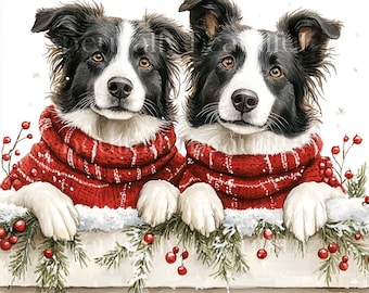 12 x Border Collie Dogs at Christmas Clipart Bundle - High Quality JPGs Two Collie Dog Prints, Holidays Digital Download Festive Art