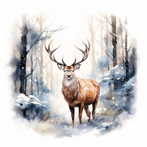 Reindeer Woodland Watercolour Clipart - 10 High Quality Downloadable JPGs - Deer Christmas Printable Digital Art, Crafts, Cardmaking, Prints