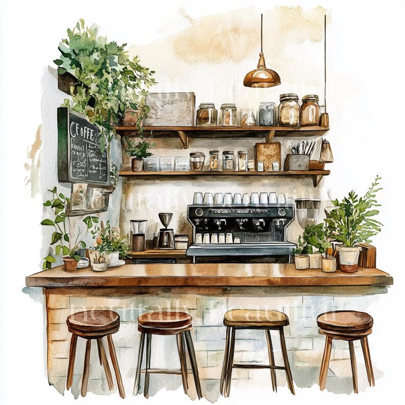 May include: A watercolor illustration of a coffee shop interior with a wooden counter, shelves stocked with jars, a coffee machine, and four wooden stools. The walls are painted white and there are plants in pots on the counter and shelves.