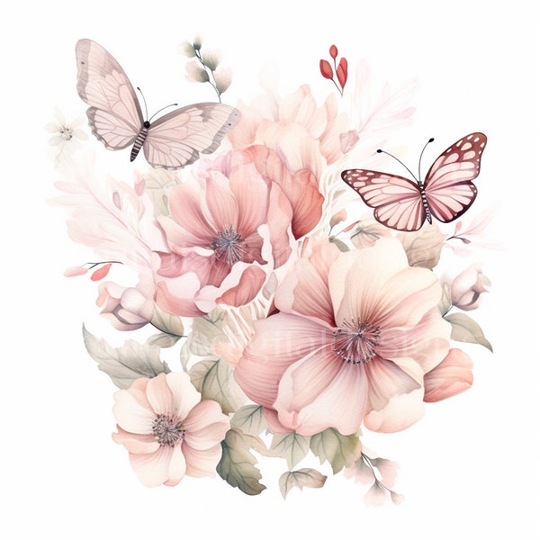 Pretty Watercolour Flower & Butterfly Downloadable Clipart - 10 JPGs - Downloadable Printable Vintage Digital Art Pack, Card Making, Craft