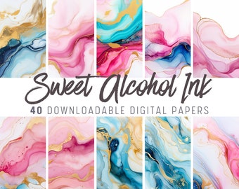 Pink & Blue Sweet Alcohol Ink Digital Paper - 40 Alcohol Ink Clipart, Watercolor Background, Colorful Illustration, Digital Download