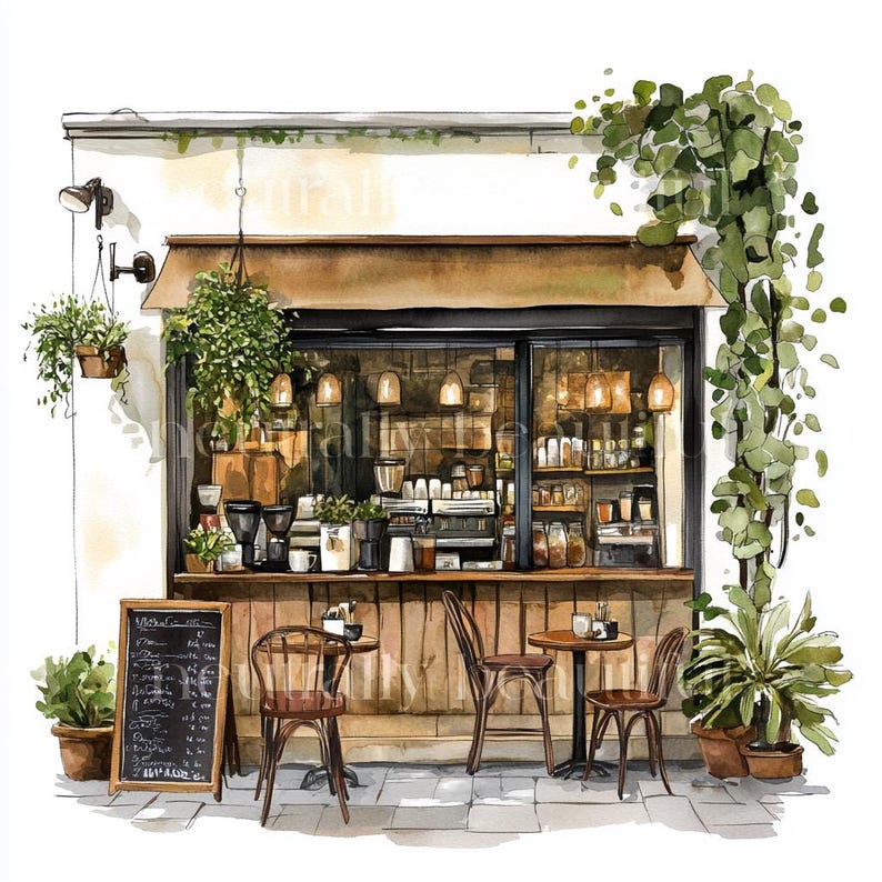 May include: A watercolor illustration of a small cafe with a brown awning, a large window, and a wooden counter. There are two tables and chairs outside the cafe, and a variety of plants and greenery.