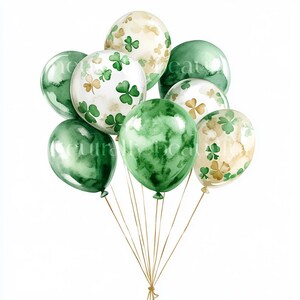 Könnte beinhalten: Ein Bündel grüner und weißer Ballons mit Kleeblatt-Mustern. Die Ballons sind mit goldener Schnur zusammengebunden.