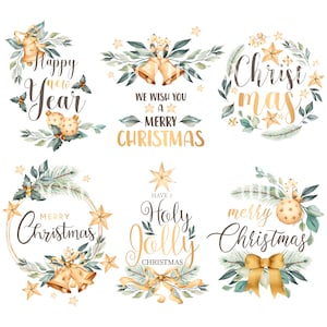 Pode incluir: Seis ilustrações de aquarela de coroas de Natal com sinos dourados, estrelas e folhagem. As coroas apresentam o texto "Happy New Year", "We Wish You A Merry Christmas", "Christmas", "Merry Christmas", "Have A Holly Jolly Christmas" e "Merry Christmas".