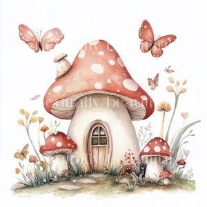 Lot de 10 cliparts printemps champignon féerique maisons - fichiers JPG de haute qualité - conte de fées imprimable en téléchargement numérique, art, fabrication de cartes, sublimation