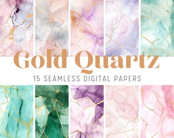 20 x Quartz With Gold Veins Seamless Digital Paper Patterns - Rose Quartz, Amethyst, Ethereal Fairy Colours, Downloadable Papers, C