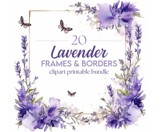 20 x Lavender Borders & Edges Downloadable Clipart - Floral Frame Watercolour Decorative Border Digital Art Pack, Card Making, Craft